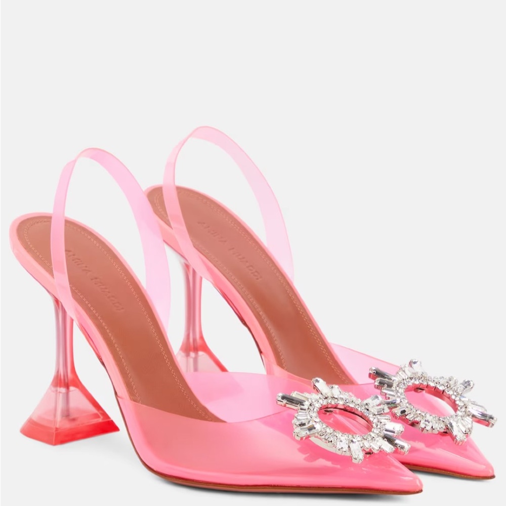Amina Muaddi Pink Slingback Heels with Crystal Embellishment